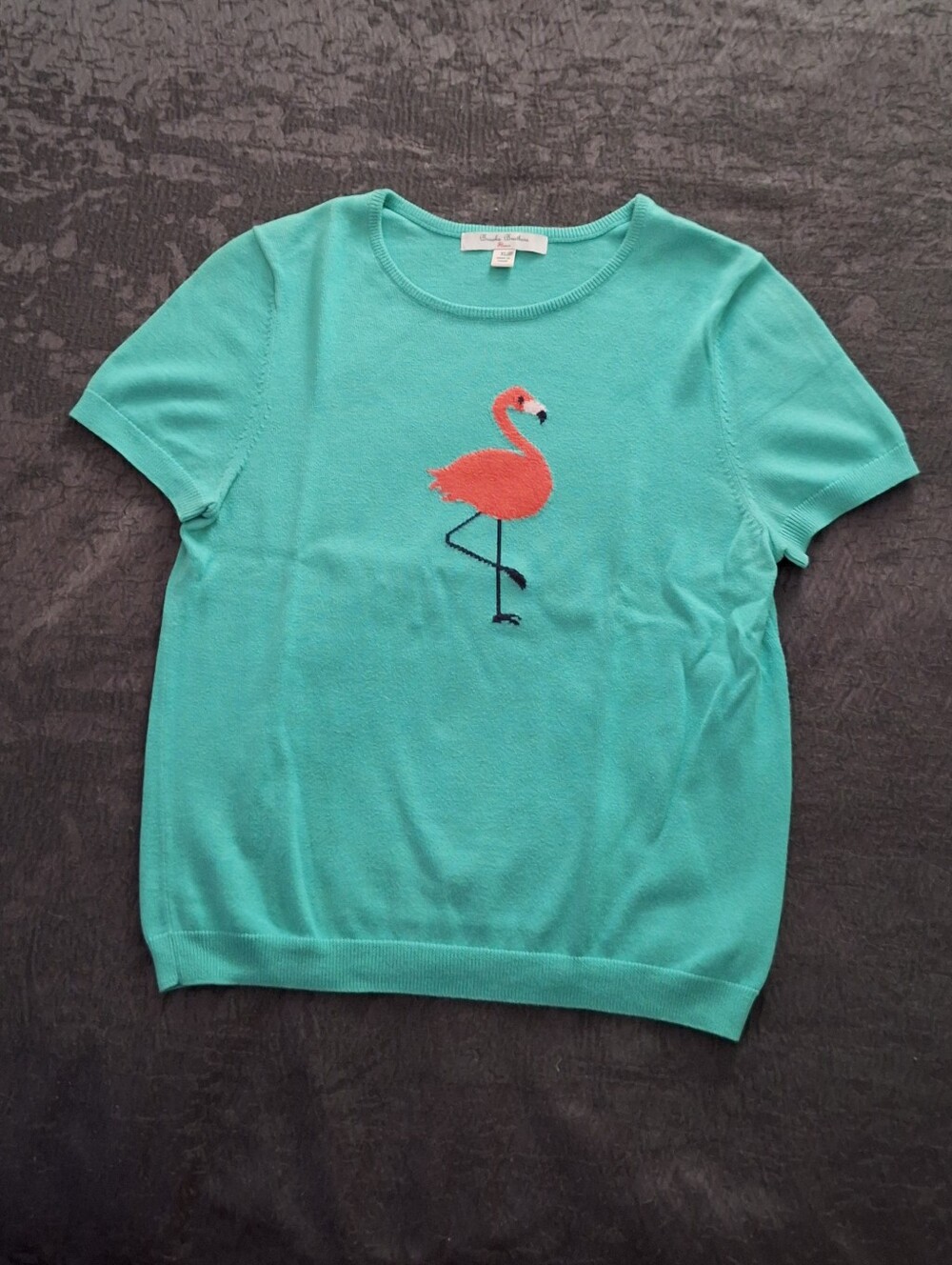 Turquoise Short-Sleeve Sweater with Pink Flamingo Embroidery
